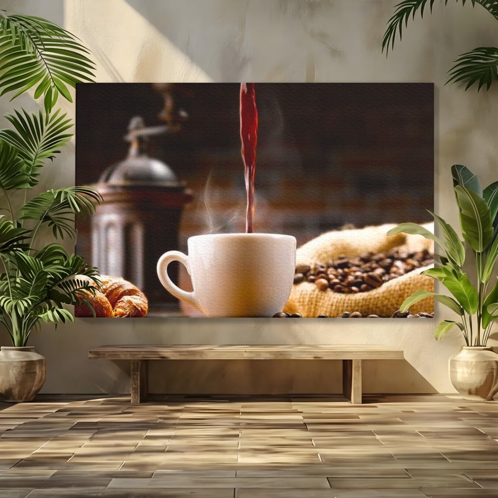 Tablou canvas cu tablou canvas cu ceasca de cafea si boabe, fara rama, pe sasiu de lemn